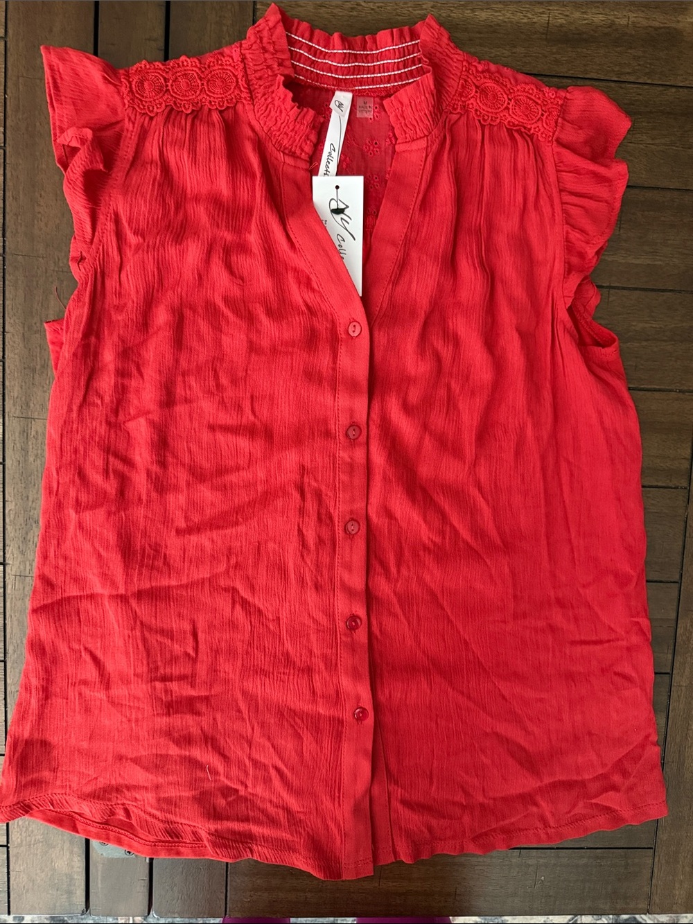 NY Collection Red Sleeveless Button-Front Blouse with Lace Yoke